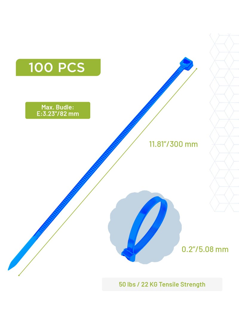 Hi Care Self-Locking Nylon Cable Ties - 300 mm, 100 PCS - UV Resistant Heat Resistant Zip Ties for Cable Management and Organization (Blue)  - Image 2