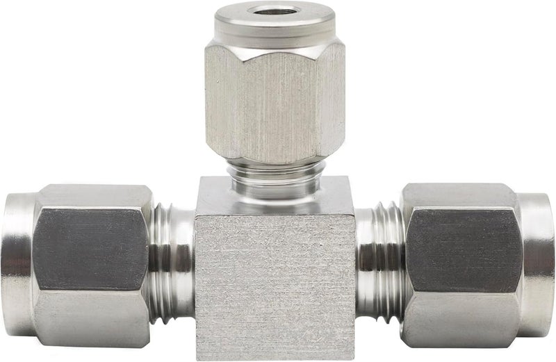 Goldpea موصل أنبوب ضغط من الفولاذ المقاوم للصدأ 304 على شكل حرف تي مخفض 1/4" OD x 1/8" OD x 1/4" OD مع حلقتين مزدوجتين، 1 قطعة - Image 3