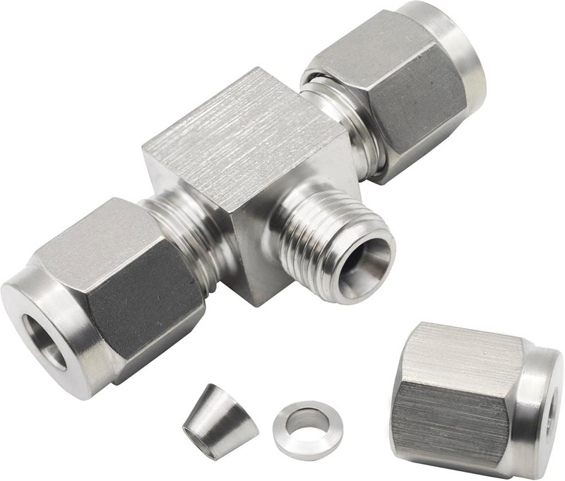 Goldpea موصل أنبوب ضغط من الفولاذ المقاوم للصدأ 304 على شكل حرف تي مخفض 1/4" OD x 1/8" OD x 1/4" OD مع حلقتين مزدوجتين، 1 قطعة - Image 4