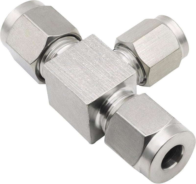 Goldpea موصل أنبوب ضغط من الفولاذ المقاوم للصدأ 304 على شكل حرف تي مخفض 1/4" OD x 1/8" OD x 1/4" OD مع حلقتين مزدوجتين، 1 قطعة - Image 2