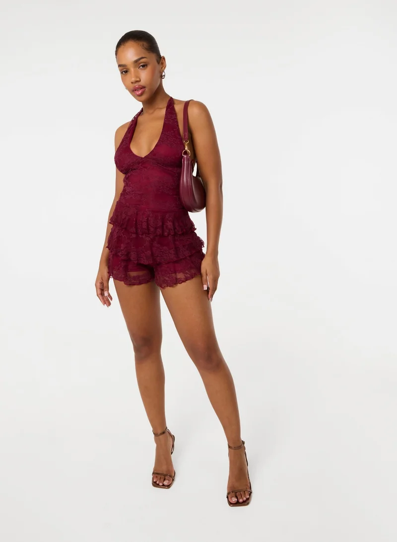 Lace Halterneck Tiered Mini Dress With Shorts
