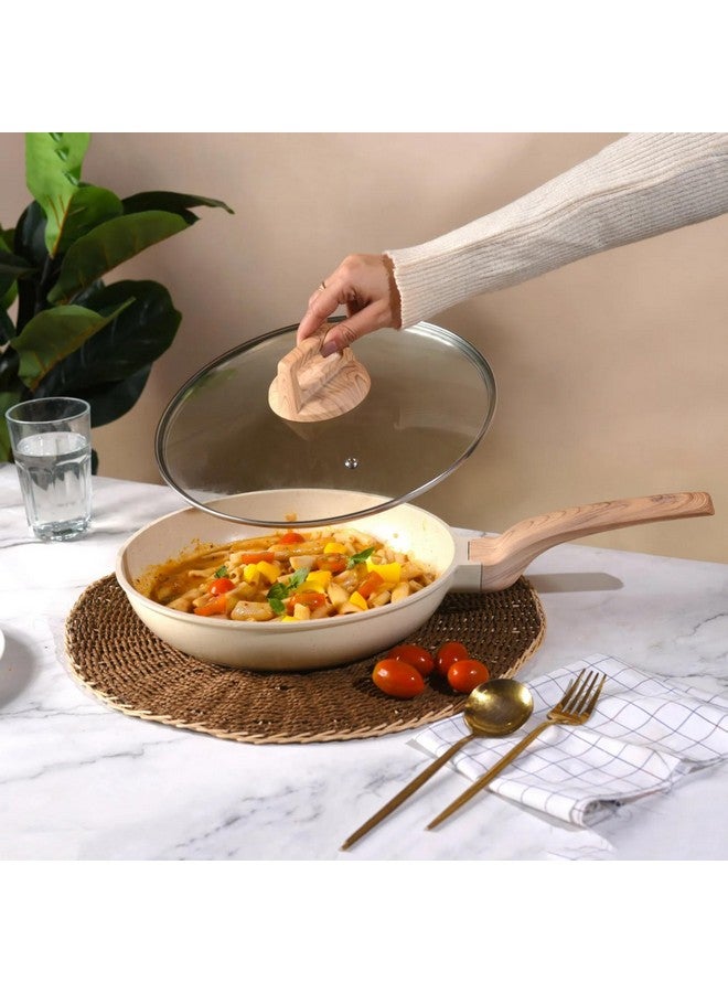 Home Essentials HomeEssentials Non Stick Maifan Stone Frying Pan - Fry Pan with Lid & Wooden Handle/Pre Seasoned 5 Layer Maifan Medical Stone Pan/All Gas & Induction Compatible / 26CM, 2.2 Litre - Image 4