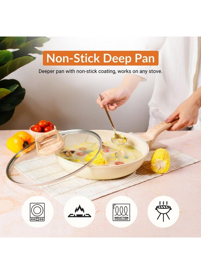 Home Essentials HomeEssentials Non Stick Maifan Stone Frying Pan - Fry Pan with Lid & Wooden Handle/Pre Seasoned 5 Layer Maifan Medical Stone Pan/All Gas & Induction Compatible / 26CM, 2.2 Litre - Image 3