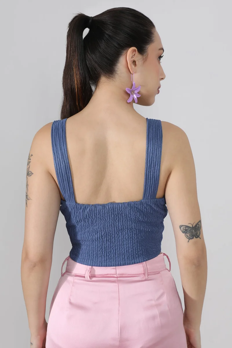 Pinacolada  Women's Prussian Blue Creased Knot Top for Women | Best Price UAE