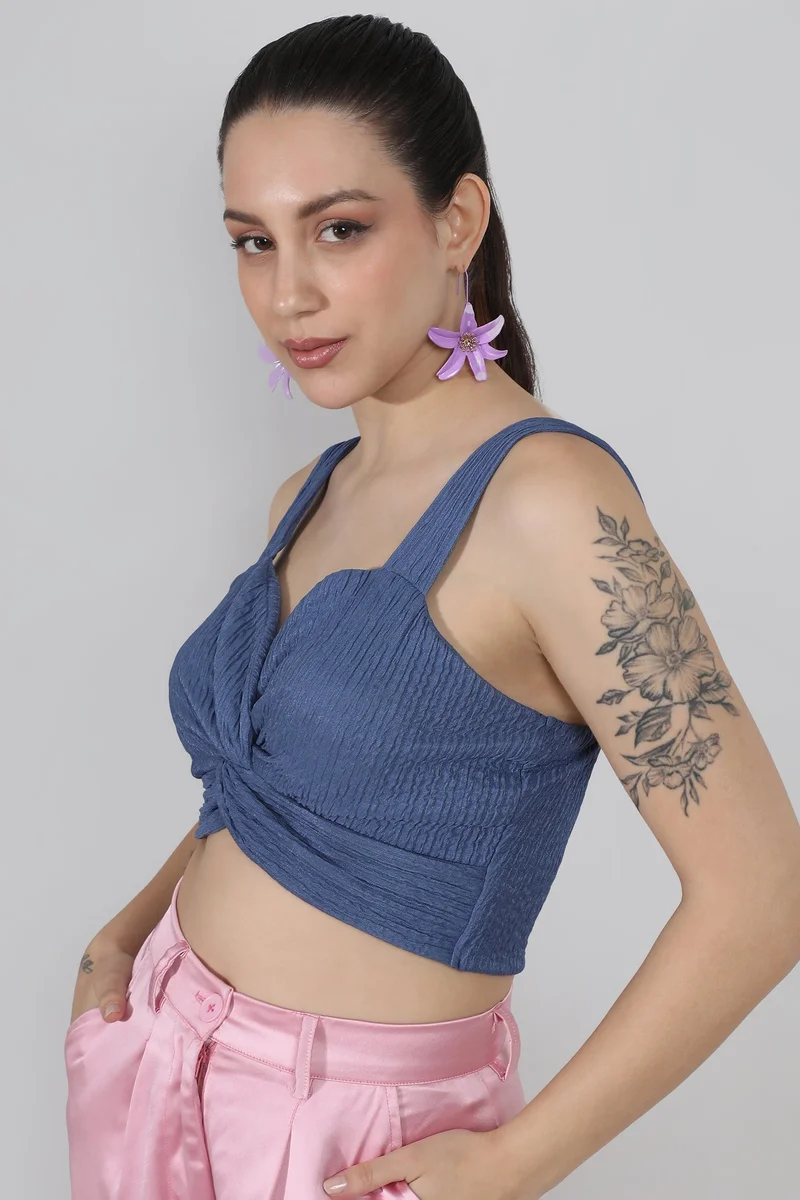 Pinacolada  Women's Prussian Blue Creased Knot Top for Women | Best Price UAE