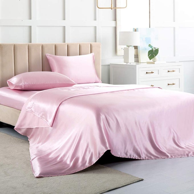 SATIN BED SHEETS FULL SIZE SHEET SETS PINK SILK SHEETS 4 PIECES SOFT BEDDING SET WITH 1 DEEP POCKET FITTED SHEET1 FLAT SHEET2 PILLOWCASE