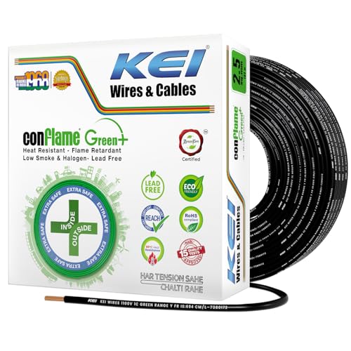 KEI CONFLAME GREEN PLUS 2.5 sqmm 1 Core Copper Heat Resistant Flame Retardant Low Smoke & Halogen - Lead Free House Wire for Domestic & Industrial Electrical Wiring (Black, 90 Meters) - Image 1