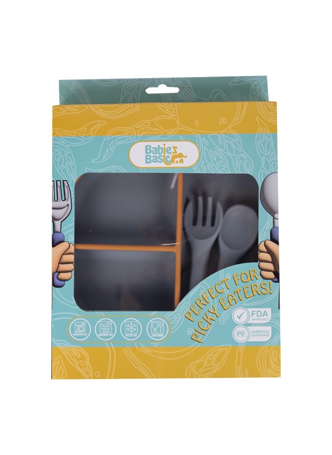 Babies Basic Feeding Set, 3 Piece, Silicone Set For Self Feeding, Learning & Fine Motor Skills Soft, Easy To Grip,Silicone Suction Plate With Silicone Spoon And Fork- Grey  - Image 2