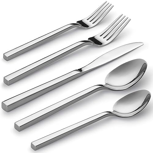 Alata Cube 20-Piece Forged Stainless Steel Flatware Set Cutlery Set,Silverware Set Service for 4,Mirror Finish,Dishwasher Safe - Image 1