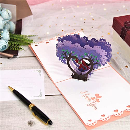 CUTE POPUP Anniversary 3D Pop Up Card Couple and Heart Tree Design - Valentine's Day, Anniversary for Lover - Comes with Shining Envelope (6x6 inches) - Image 2