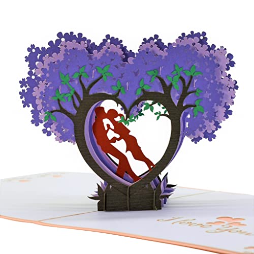 CUTE POPUP Anniversary 3D Pop Up Card Couple and Heart Tree Design - Valentine's Day, Anniversary for Lover - Comes with Shining Envelope (6x6 inches) - Image 1