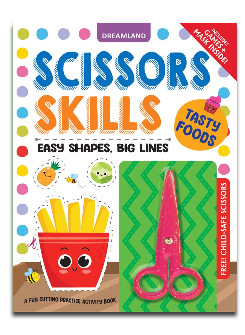 Tasty Foods Scissors Skills Activity Book for Kids Age 4 - 7 years | With Child- Safe Scissors, Games and Mask - Image 1