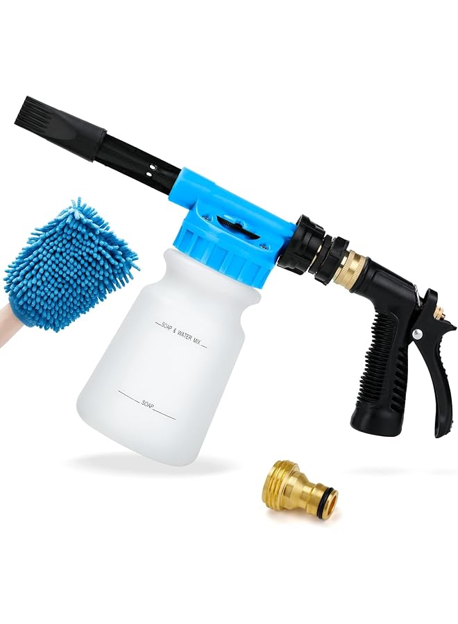 Excefore Car Wash Foam Gun With Adjustable Pressure & Foam Concentration - Comes With Brass Connector & Washing Mitts, Fits Most Garden Hoses (Blue) - Image 1