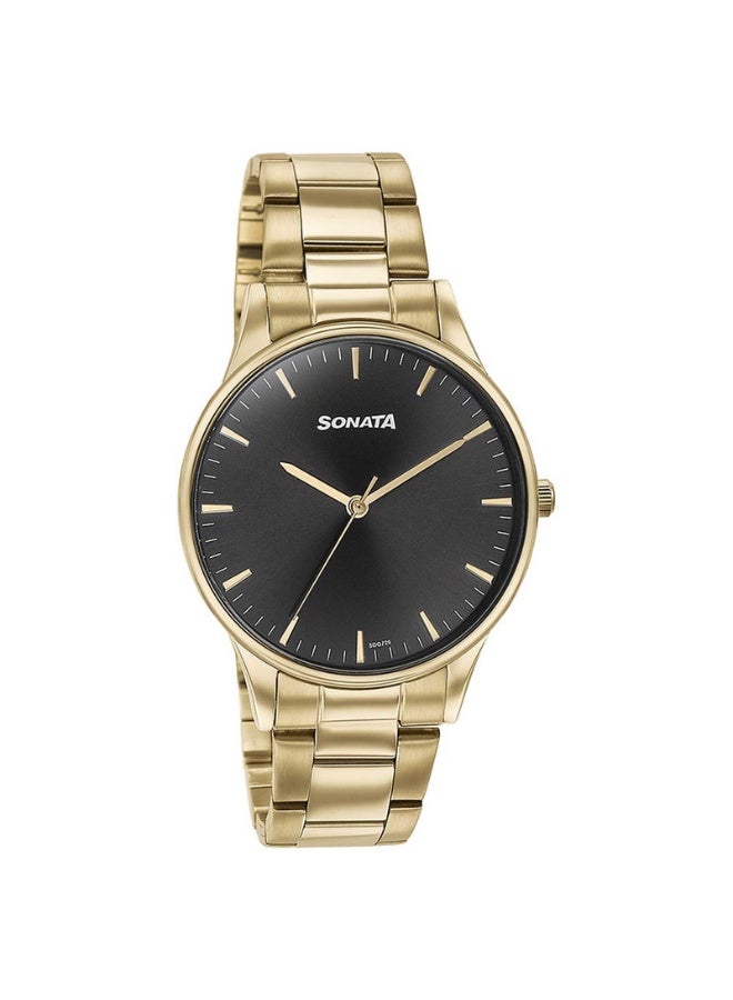 Sonata ساعة يد للرجال 77144YM03 - قرص أسود، حزام من الفولاذ المقاوم للصدأ بلون الذهب، حركة كوارتز، مقاومة للماء حتى 3 ATM - Image 2