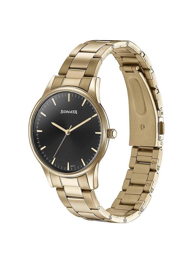 Sonata ساعة يد للرجال 77144YM03 - قرص أسود، حزام من الفولاذ المقاوم للصدأ بلون الذهب، حركة كوارتز، مقاومة للماء حتى 3 ATM - Image 3