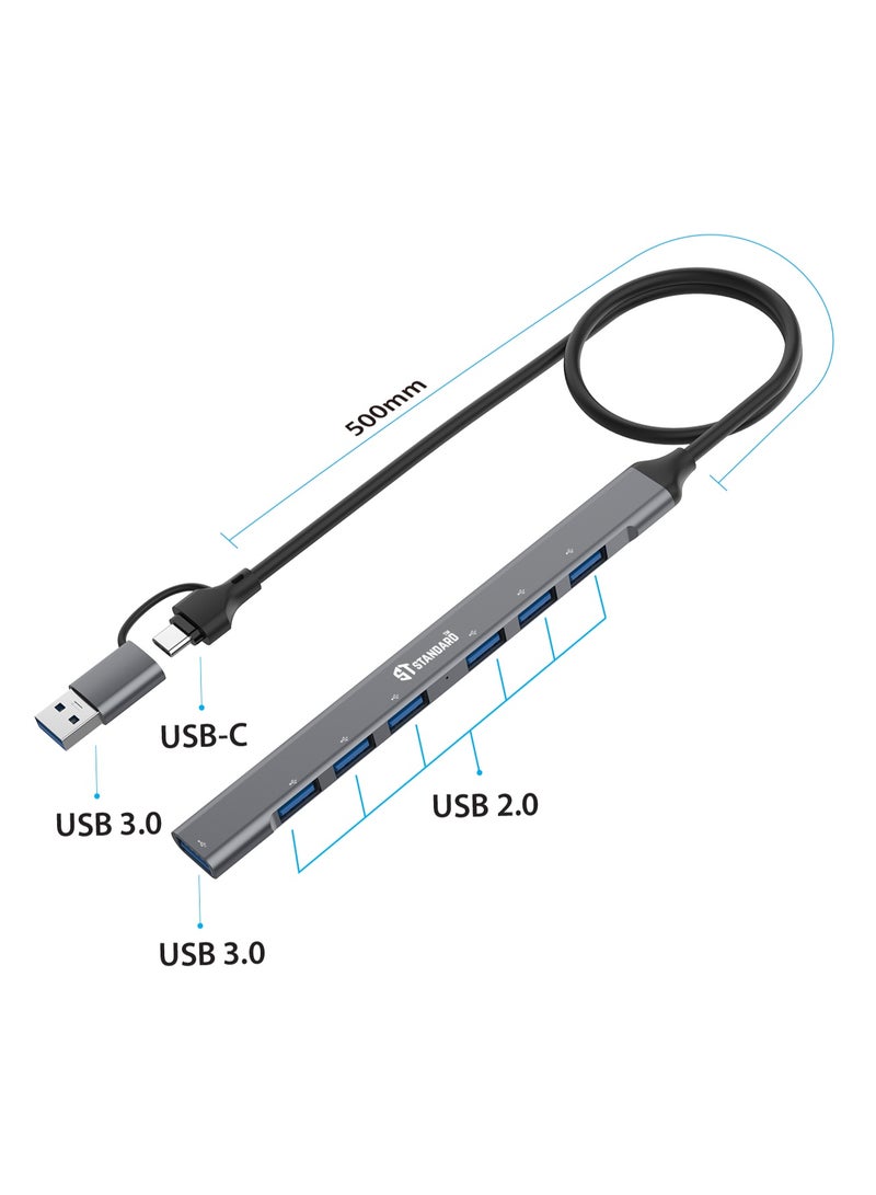 Standard ST-Standard UCA9702 7-Port USB Hub, USB-C + USB-A to 7 USB Ports, 1×USB 3.0 + 6×USB 2.0, 5Gbps High-Speed Data Transfer, OTG, Aluminum Design - Image 2