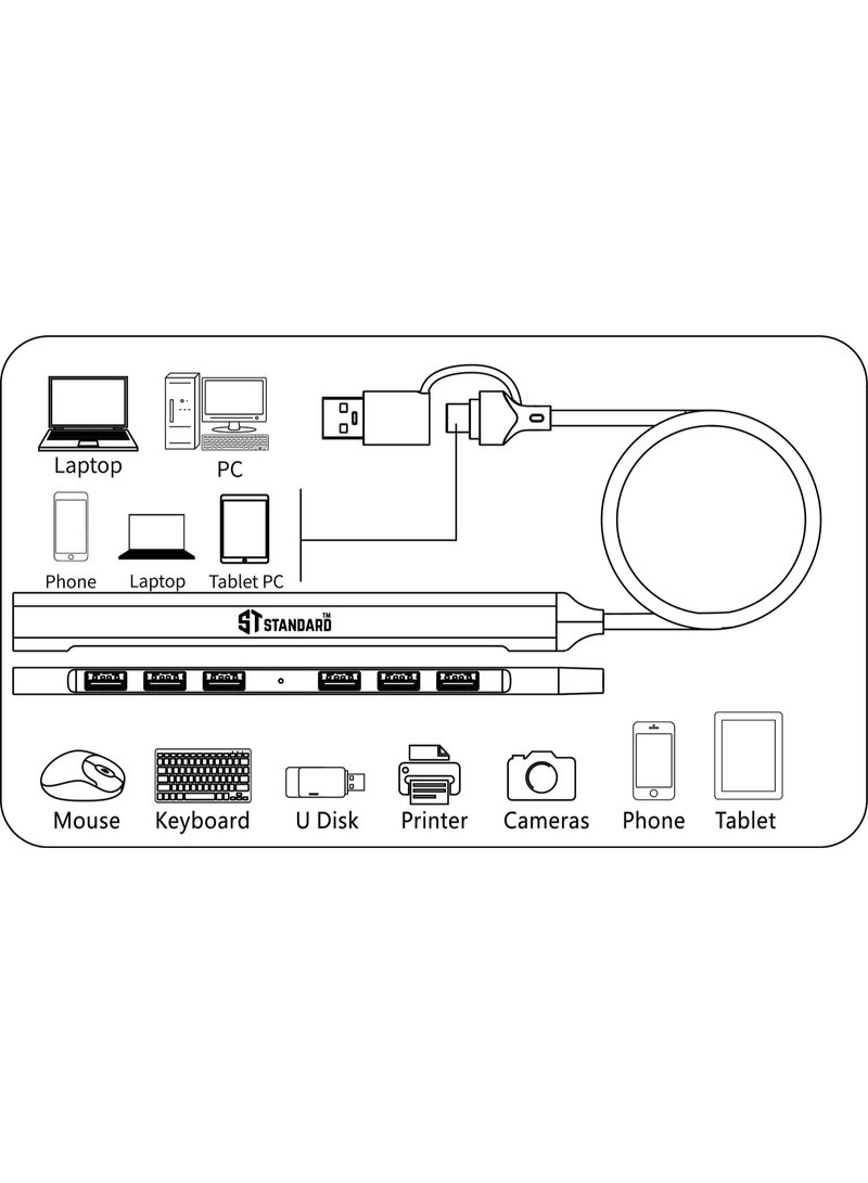 Standard ST-Standard UCA9702 7-Port USB Hub, USB-C + USB-A to 7 USB Ports, 1×USB 3.0 + 6×USB 2.0, 5Gbps High-Speed Data Transfer, OTG, Aluminum Design - Image 3