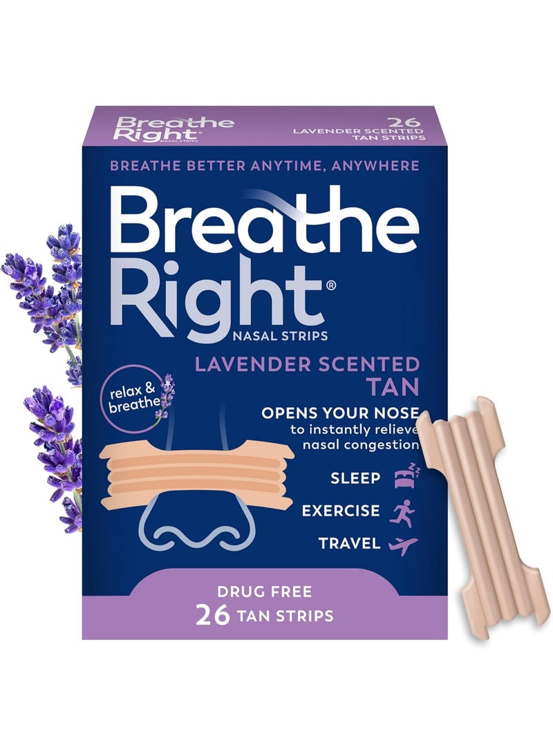 Breathe Right Nasal Strips Lavender Scent, Extra Strength Tan Nose Strips for Nasal Congestion Relief Caused by Colds & Allergies, Better Breathing, Less Snoring, Drug-Free, 26 Ct - Image 1
