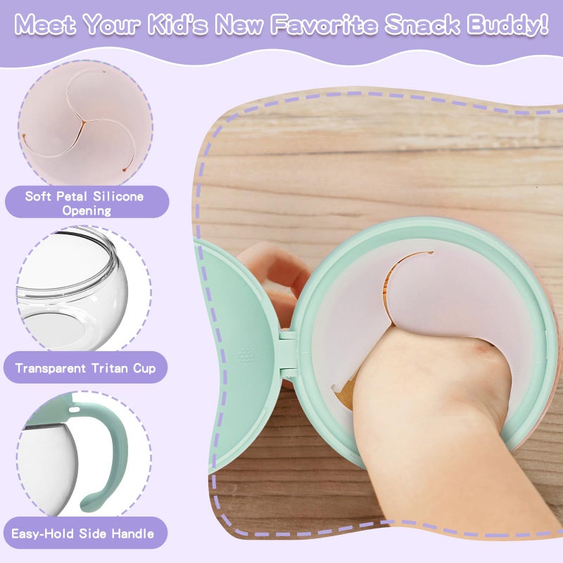 BeneLabel 2 Pack 12.3 Oz Snack Cups for Toddlers Spill Proof Food Grade Tritan Baby Snack Container with Cute Frog Lid and Handle PVC Free Kids Snack Catcher Fit for On-the-Go (Green & Purple) - Image 2