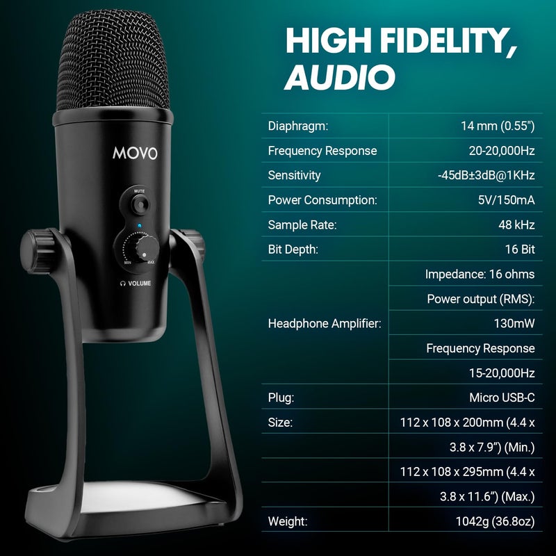 Movo UM700 Computer Condenser USB Gaming Mic with Adjustable Pickup Patterns - Microphone for PC, PS5, Podcasting, Streaming, ASMR - Image 3