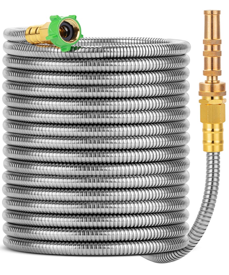 UNCO- Stainless Steel Metal Hose with 4 Function Brass Nozzle, 50 ft, No Kink, Metal Garden Hose - Image 1