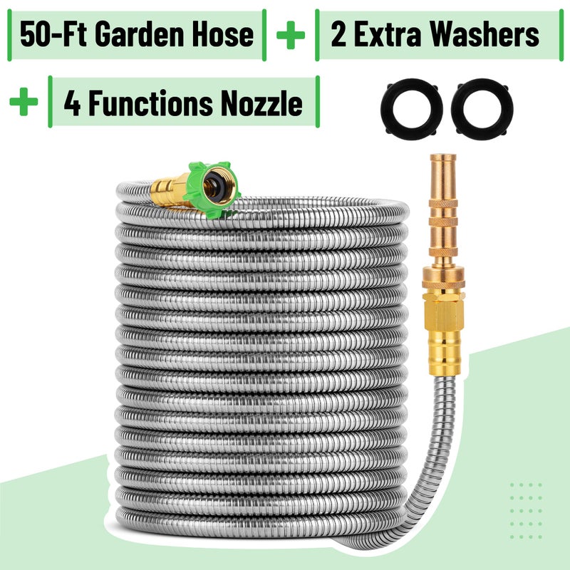 UNCO- Stainless Steel Metal Hose with 4 Function Brass Nozzle, 50 ft, No Kink, Metal Garden Hose - Image 2