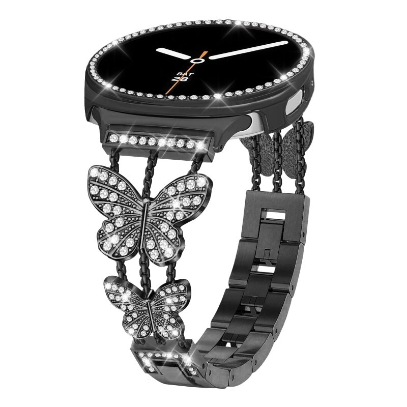 Alociaga Bling Band with Case Compatible for Samsung Galaxy Watch 8 40mm 44mm Women Diamond Butterfly Metal Bracelet Rhinestone Strap with Protector CaseBlack 40mm - Image 2