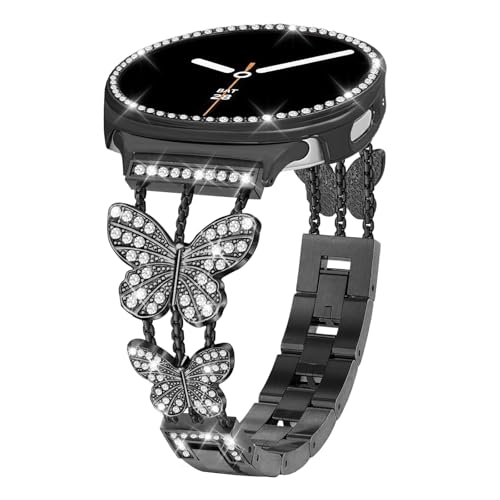 Alociaga Bling Band with Case Compatible for Samsung Galaxy Watch 8 40mm 44mm Women Diamond Butterfly Metal Bracelet Rhinestone Strap with Protector CaseBlack 40mm - Image 1