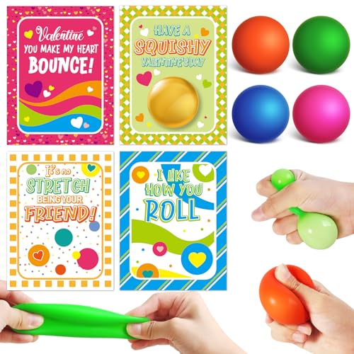 Shemira 28 Packs Valentines Day Cards for Kids with Stretchy Ball Set Stretchy Balls Sensory Squeeze Toys Fidget Toys for Kids Classroom Exchange Prizes Valentine Party Favor for Kids - Image 1