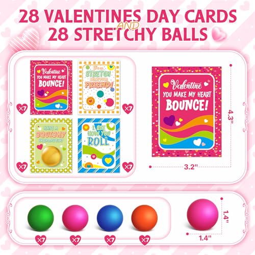 Shemira 28 Packs Valentines Day Cards for Kids with Stretchy Ball Set Stretchy Balls Sensory Squeeze Toys Fidget Toys for Kids Classroom Exchange Prizes Valentine Party Favor for Kids - Image 5