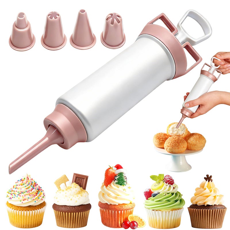 Suuker Cake Decorating Gun, Cupcake Icing Piping Kit, Cake Decorating Kit with 5 Piping Tips, Cupcake Injector/Decorating Icing Set, Pink - Image 1