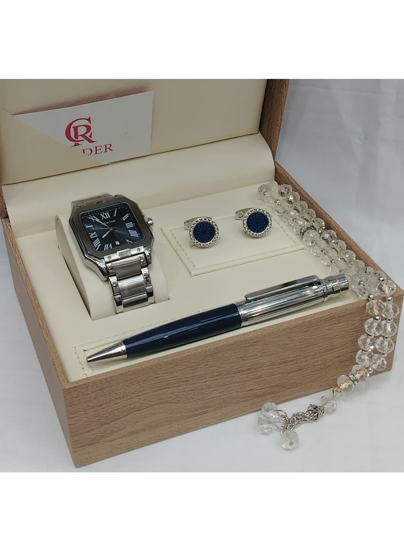 ريفولي طقم رجالي من الستانلس ستيل يتكون من ساعة وسبحة وقلم وازرار اكمام