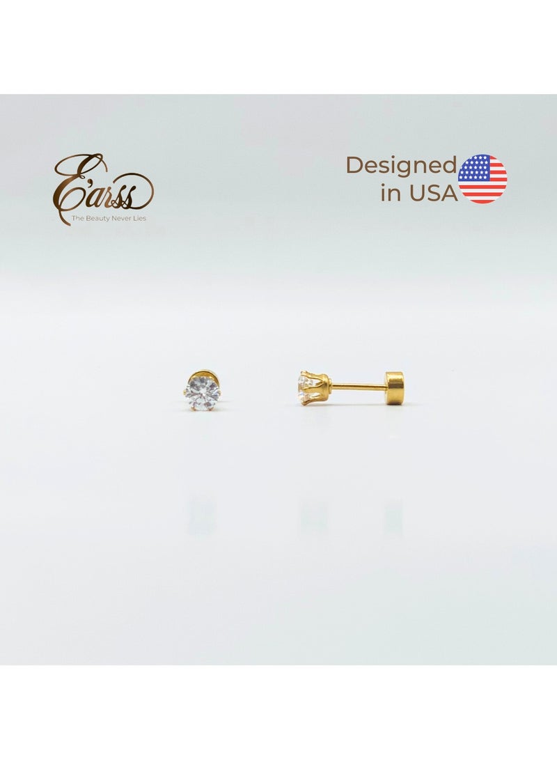 Earss Gold 4mm Cubic Zirconia Round Stud Earring For Kids - Image 3