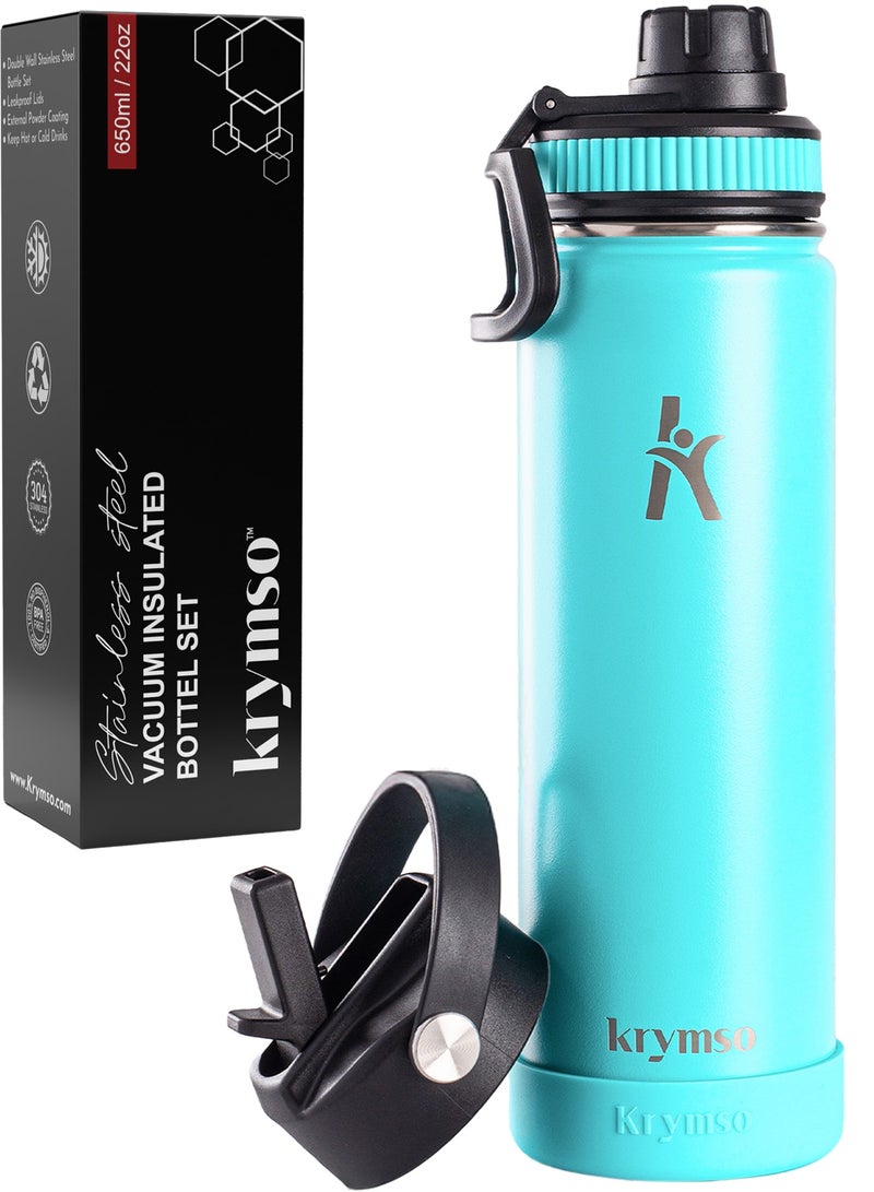 KRYMSO 650ml Stainless Steel Water Bottle, Sports Bottle with Straw, Double Wall Insulated Water Bottle, Thermos Flask, Water Bottle for kids, Gym - Image 1