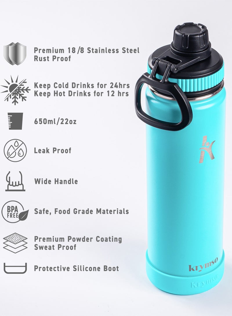 KRYMSO 650ml Stainless Steel Water Bottle, Sports Bottle with Straw, Double Wall Insulated Water Bottle, Thermos Flask, Water Bottle for kids, Gym - Image 2