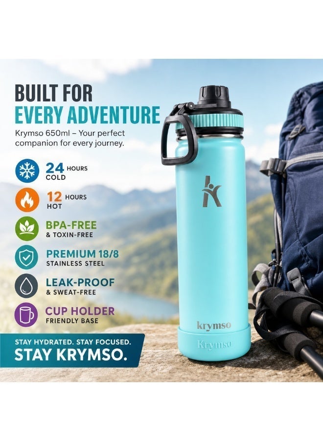 KRYMSO 650ml Stainless Steel Water Bottle, Sports Bottle with Straw, Double Wall Insulated Water Bottle, Thermos Flask, Water Bottle for kids, Gym - Image 2