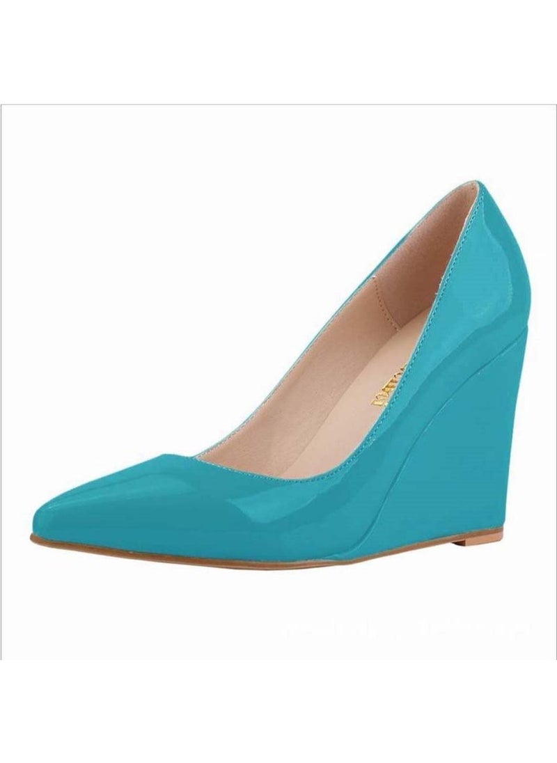 Loquat Versatile pointed-toe shallow-mouth wedge women's single shoes over 8 cm turquoise  - Image 2