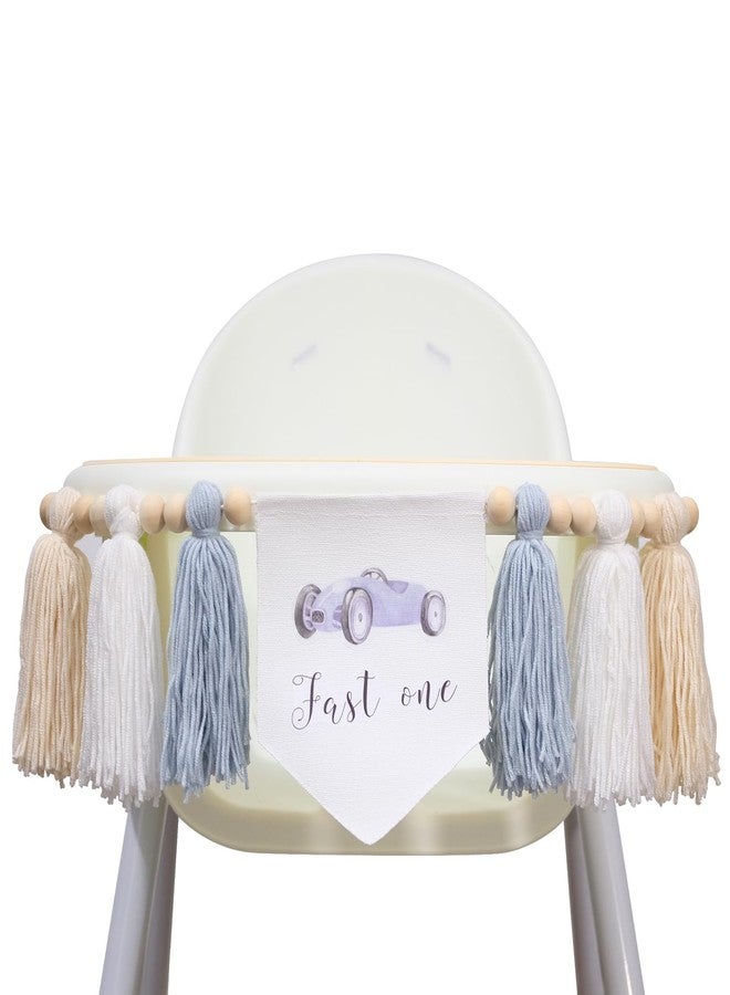 FUTNH Race Car High Chair Banner, Fast One Theme Tassel Garland, 40 inch, Blue White Beige (Blue) - Image 1