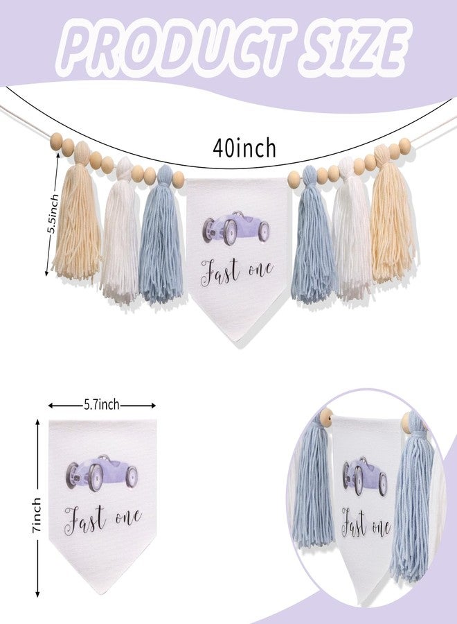 FUTNH Race Car High Chair Banner, Fast One Theme Tassel Garland, 40 inch, Blue White Beige (Blue) - Image 2
