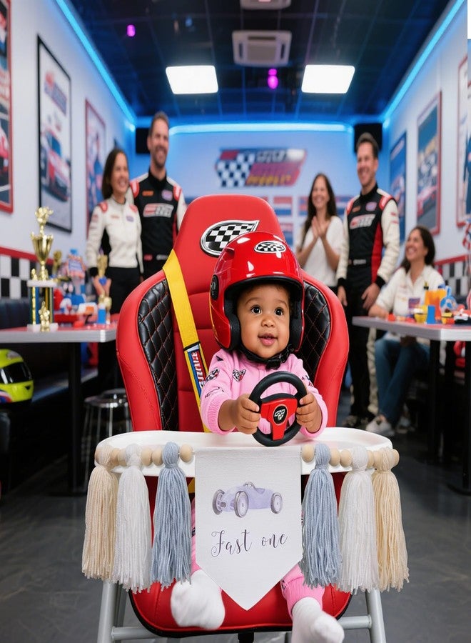 FUTNH Race Car High Chair Banner, Fast One Theme Tassel Garland, 40 inch, Blue White Beige (Blue) - Image 4