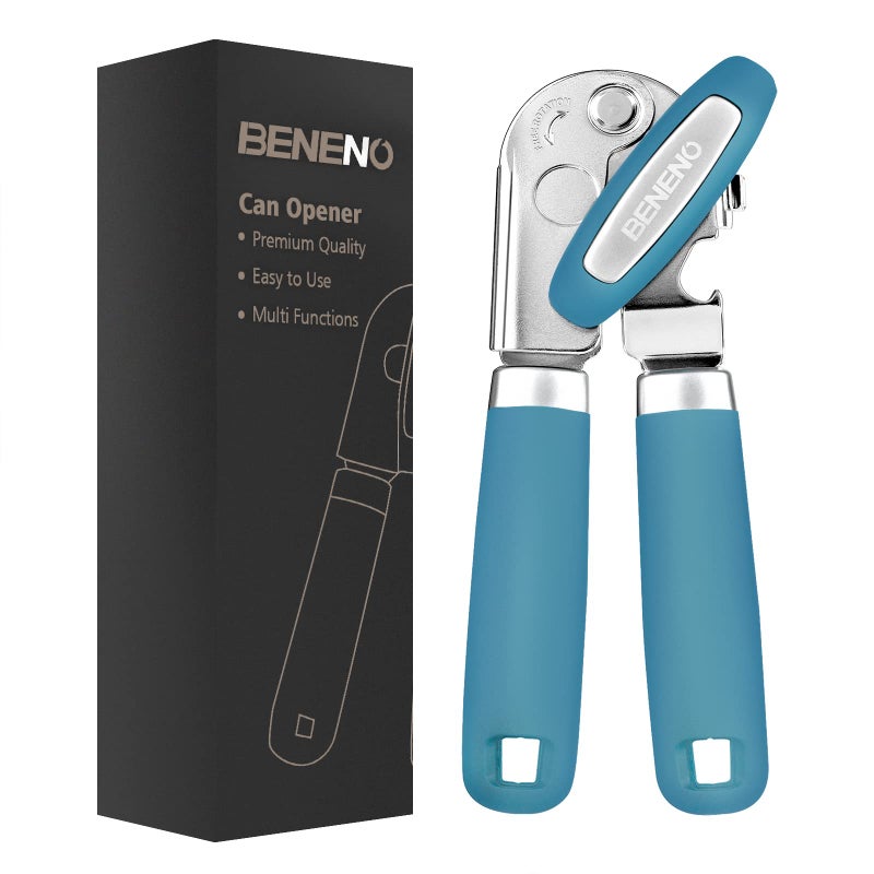 Beneno Heavy Duty Hand Can Opener Manual with Magnet Durable Sharp Carbon Steel Blade Smooth Cutting Big EffortSaving Knob Soft Grip Handle Multifunctional Kitchen Tool with Bottle Opener Aqua