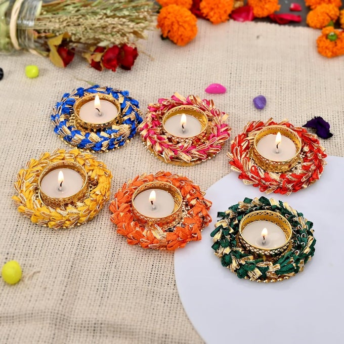 FLOWER DECORATIVE TEALIGHT HOLDERMULTICOLOR DECORATIVE TEALIGHT CANDLE HOLDER DIYA DIWALI DIYA FLOOR RANGOLI FOR HOME DIWALI DECORATIONGIFTING PACK OF 4