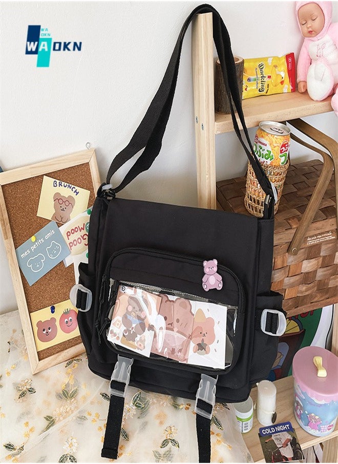 WAOKN Girls Cute Bear Pattern Shoulder Bag , Large-capacity Crossbody Bag for Students, Fashionable Bear Pendant Carrying Bag Sling Bag, Messenger Bag Suitable for Teenagers(Black)  - Image 1