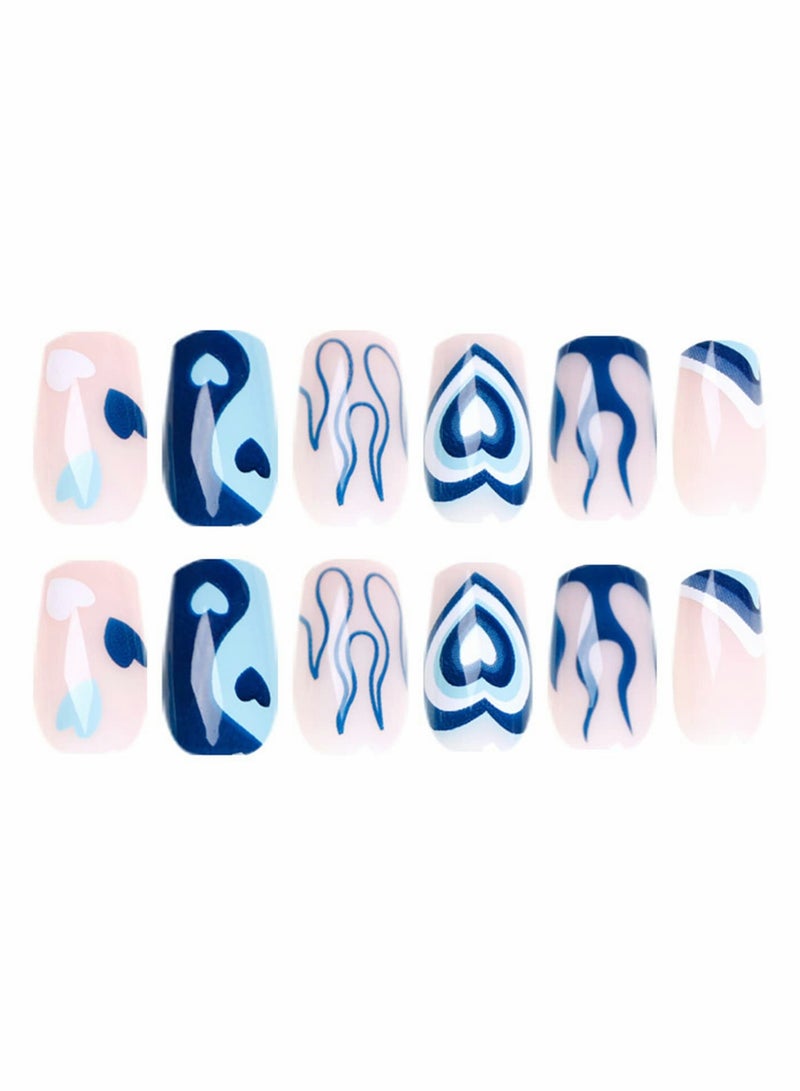 Excefore Press on Nails Short Square Fake Nails Blue False Nails with Full Cover Design Glossy Stick on Nails for Women - Image 2