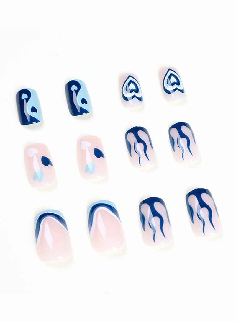 Excefore Press on Nails Short Square Fake Nails Blue False Nails with Full Cover Design Glossy Stick on Nails for Women - Image 1
