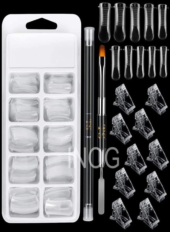 INOG Poly Gel Quick Building Nail Set,100Pcs False Nail Mold Clear Nail Extension Form Tips,10 Nail Tips Clip And 1Pcs Dual-Ended Poly Extension Brush Picker For Polygel Extension,Home Salon - Image 1