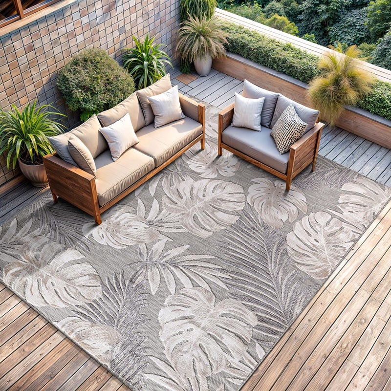 CAMILSON Indoor Outdoor Rug, Beige 6â€™x9â€™ Leaf Tropical Botanical Area Rugs for Indoor and Outdoor patios, Easy-Cleaning Non-Shedding Living Room, Garden and Kitchen Washable Outside Carpet (6x9) - Image 1