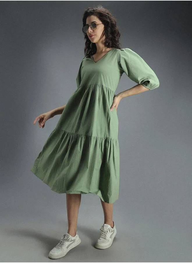 HIGH STAR V Neck Cotton Tiered Midi Dress by Styli