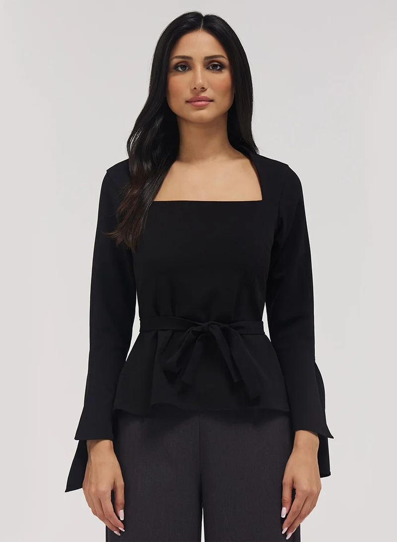 Zigzag Split Sleeve Square Neck Top- Blue