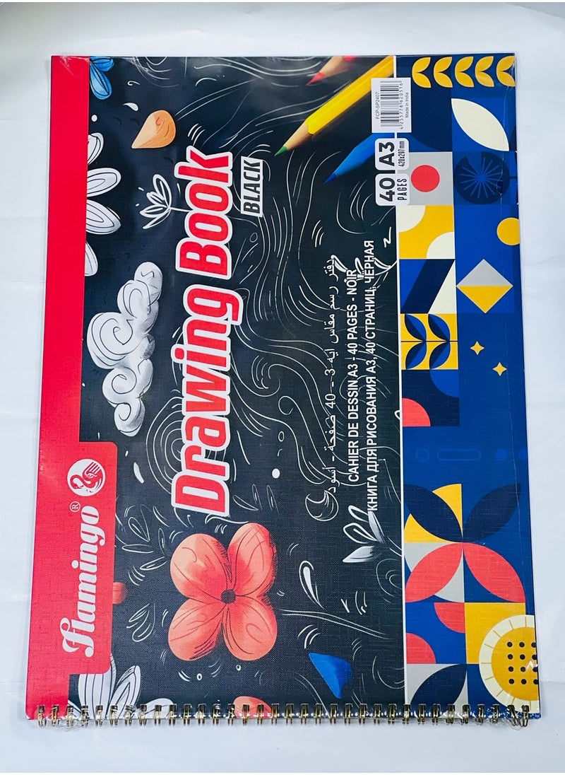 FLAMINGO A3 Drawing Book Black 40 Pages 